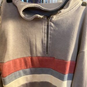 Grey half zip sweater. Red,white and blue stripes